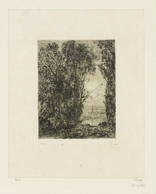 Landschaft, im Hintergrund eine Stadt