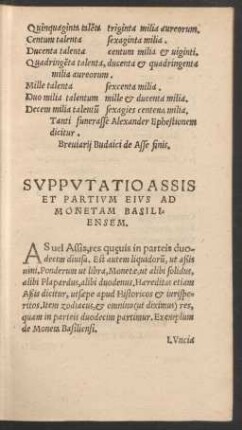 Supputatio Assis Et Partium Eius Ad Monetam Basiliensem.