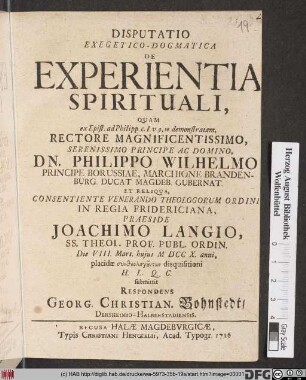 Disputatio Exegetico-Dogmatica De Experientia Spirituali : Quam ex Epist. ad Philipp. c. 1. v. 9, 10. demonstratam