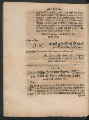 Lit. H. Copia Schreibens des Herrn Assessoris von Pürck an Herrn Assessorem Krebs vom 8ten Februarii 1703