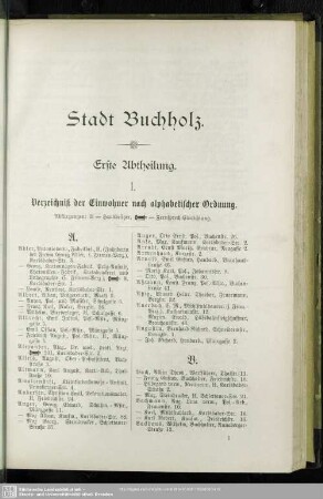 Erste Abtheilung. Einwohnerverzeichnis : Erste Abtheilung. Verzeichniß der Einwohner nach alphabetischer Ordnung