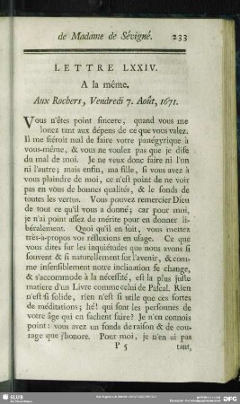 Lettre LXXIV. A la même. Aux Rochers, Vendredi 7. Août, 1671