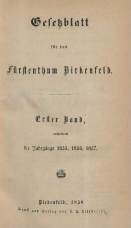 1.1855/57: Gesetzblatt für das Fürstenthum Birkenfeld