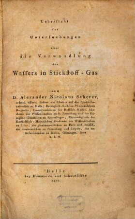 Uebersicht der Untersuchungen über die Verwandlung des Wassers in Stickstoff-Gas