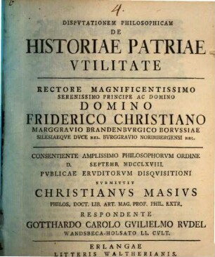 Dispvtationem Philosophicam De Historiae Patriae Vtilitate