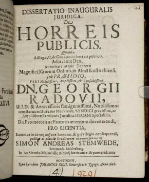 Dissertatio Inauguralis Iuridica De Horreis Publicis