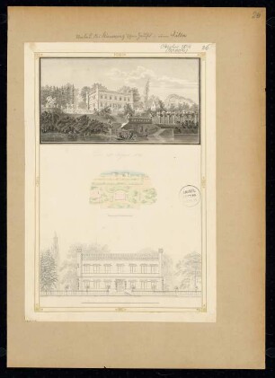 Umbau des Stimmingschen Hauses in eine Villa Monatskonkurrenz Oktober 1828: Lageplan, Aufriss Straßenansicht, perspektivische Ansicht; 2 Maßstabsleisten