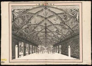 Riesensaal im Dresdner Schloss mit der Aufführung des Mohrenballetts 1678 : Azelt, Johann: Prospect des Churfürst. Saechs. In dem Residenz Schlosse Dresden sich befindlichen Riesen-Saals ... , 1680, 57,5 x 45,6 cm (Kupferstich)