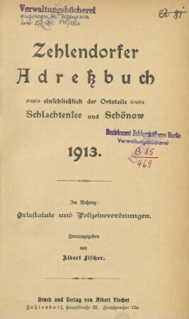 1913: Zehlendorfer Adressbuch : einschließlich der Ortsteile Schlachtensee und Schönow