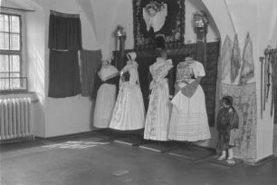 Dresden, Köpckestraße 1: Museum für Sächsische Volkskunst mit Puppentheatersammlung (1927-1949 Oskar-Seyffert-Museum), Ausstellung Erdgeschoßhalle nach Rücktransport der ab 1942 in Schloss Weesenstein eingelagerten Bestände. Nische mit Trachten
