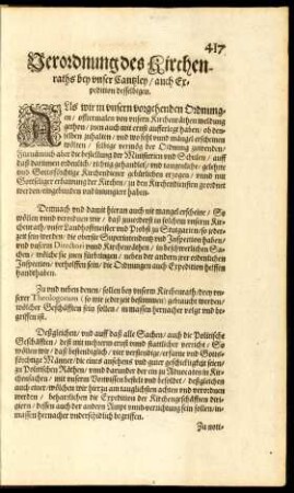 Verordnung des Kirchenraths bey unser Cantzley/ auch Expedition desselbigen.
