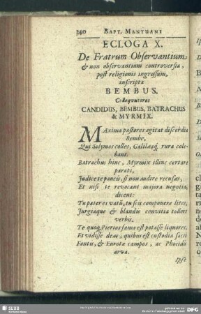 Ecloga X. De Fratrum Observantium & non observantium controversia, post religionis ingressum, inscripta