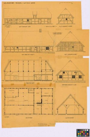 Neuendorf auf Rügen (Landkreis Rügen): Hof Emil Koos. - Kuhstall (1811) (Ost-Hof-Seiten-Ansicht, Nord-Hof-Giebel-Ansicht). - Wohnhaus (West-Hof-Seiten-Ansicht, Nord-Hof-Giebel-Ansicht, Längsschnitt, Querschnitt, Süd-Straßen-Giebel-Ansicht, Grundriss des Erdgeschosses)