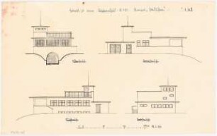 Wochenendhaus an der Havel mit Garage und Bootsunterstand Monatskonkurrenz November 1929: Aufriss Südwestansicht, Südostansicht, Nordwestansicht, Nordostansicht 1:100; Maßstabsleiste