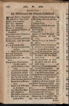 Specification der Rubriquen des Staats-Calenders.