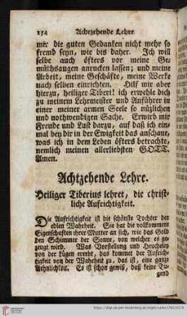 Achtzehende Lehre. Heiliger Tiberius lehret, die christliche Aufrichtigkeit