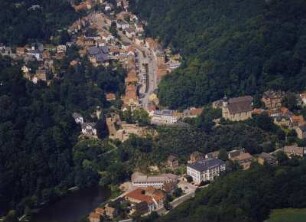 Tharandt, Stadtansicht mit Forstakademie, Burgruine, Stadtkirche und Roßmäßlerstraße