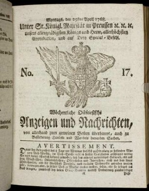 No. 17. Montags, den 25ten April 1768.