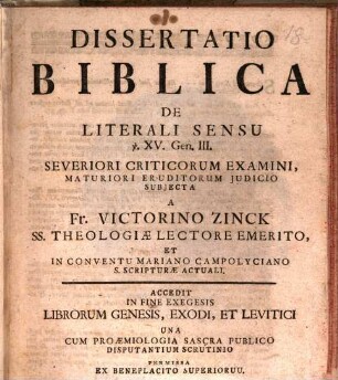 Dissertatio Biblica De Literali Sensu v. XV. Gen. III.