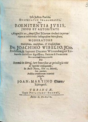 Ipsa Justitia Praeside, Disputatio Inauguralis, De Poenitentia Jvris