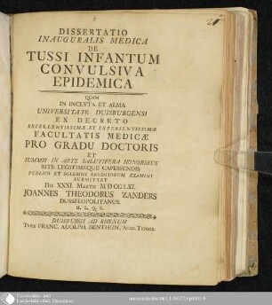 Dissertatio Inauguralis Medica De Tussi Infantum Convulsiva Epidemica