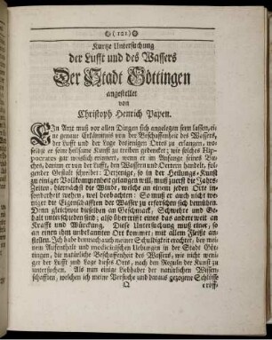 Kurtze Untersuchung der Lufft und des Wassers Der Stadt Göttingen