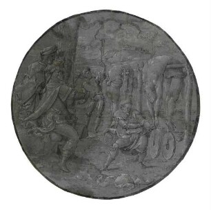 Das Martyrium des heiligen Crispin und des heiligen Crispinian. Blatt 3: Die beiden Heiligen werden gefesselt und ihre Glieder mit Mühlsteinen beschwert über Stangen gehängt