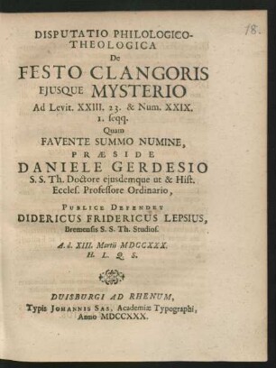 Disputatio Philologico-Theologica De Festo Clangoris Eiusque Mysterio Ad Levit. XXIII. 23. & Num. XXIX. 1. seqq.