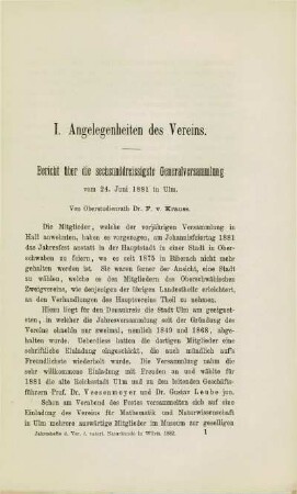 Bericht über die sechsunddreisssigste Generalversammlung den 24. Juni 1881 in Ulm