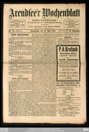 Arendsee'r Wochenblatt, Nr. 59. Sonnabend, den 21. Mai 1921.