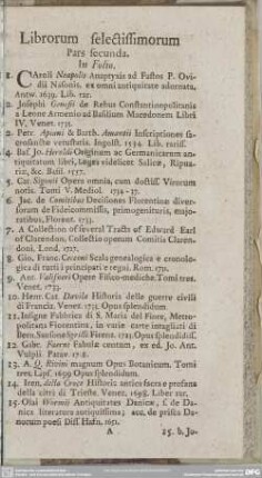 Librorum selectissimorum Pars secunda