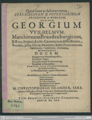 Georgium Wilhelmum, marchionem Brandenb. ex Borussica expeditione redeuntem exceptum it