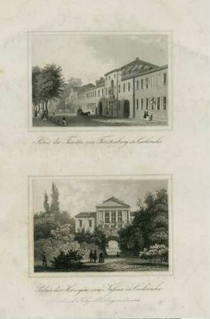 Ansichten von Palais in Karlsruhe: 1. Palais des Fürsten von Fürstenberg in Carlsruhe 2. Palais der Herzogin von Nassau in Carlsruhe