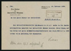 Rektor Universität München an Rektor Universität Tübingen. 19.2.1938