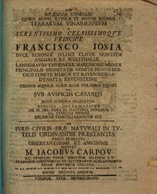 ... Publica declamatione ... de iuris civilis prae naturali in tutelis ordinandis praestantia pauca praefatus