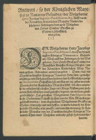 Antwort/ so der Königlichen Mayestat zu Navarren Gesandter/ der Wolgeborne Herr/ Jacobus Segurjus Pardilhianus ...