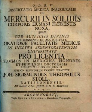Dissertatio Medica Inauguralis De Mercurii In Solidis Corporis Humani Haerentis Noxa