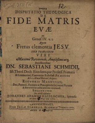 Disp. theol. de fide matris Evae ...