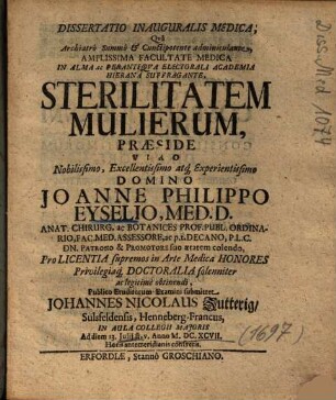 Dissertatio Inauguralis Medica, ... Sterilitatem Mulierum