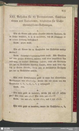 XXI. Aufgaben für die Permutationen, Combinationen und Variationen, desgleichen für Wahrscheinlichkeits-Rechnungen