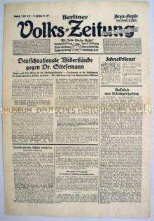 Berliner Volks-Zeitung u.a. zur Rheinlandbesetzung und zur Lage im faschistischen Italien