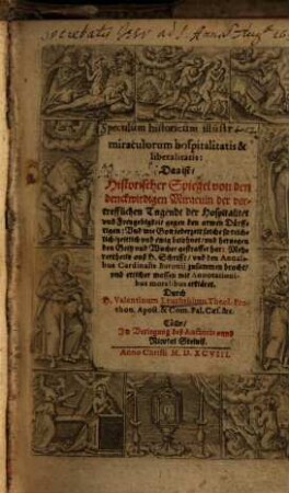 Valentini Leuchthii Speculum historicum illustrium miraculorum hospitalitatis et liberalitatis : Das ist Historischer Spiegel von den denckwirdigen Miraculn ... vnd etlicher massen mit Annotationibus moralibus erkläret