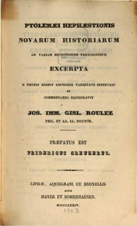 Ptolemaei Hephaestionis novarum historiarum ad variam eruditionem pertinentium excerpta