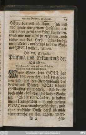 Die VII. Andacht. Prüfung und Erkänntniß der Sünden.