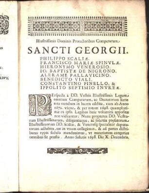 Illustrissimis Dominis Protectoribus Comperarum. Sancti Georgii.