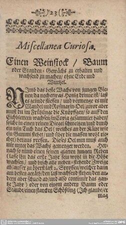 Miscellanea Curiosa. Einen Weinstock/Baum oder Stauden-Gewächs zu erhalten und wachsend zu machen/ohne Erde und Wurtzel.