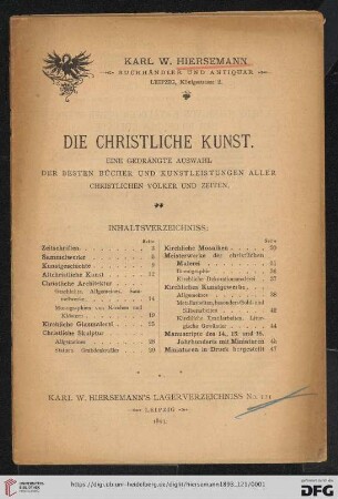 Nr. 121: Katalog: Die christliche Kunst : eine gedrängte Auswahl der besten Bücher und Kunstleistungen aller christlichen Völker und Zeiten