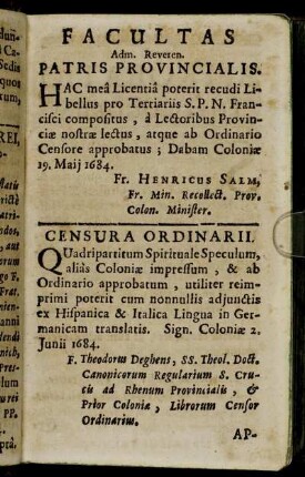 Facultas Adm. Reveren. Patris Provincialis. - Censura Ordinarii.