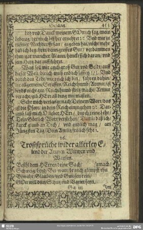 16. Trostsprüche wider allerley Elend der Armen Witwen und Waysen