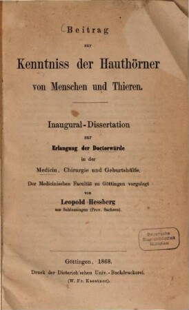 Beitrag zur Kenntniss der Hauthoerner von Menschen und Thieren : Inaugural-Dissertation